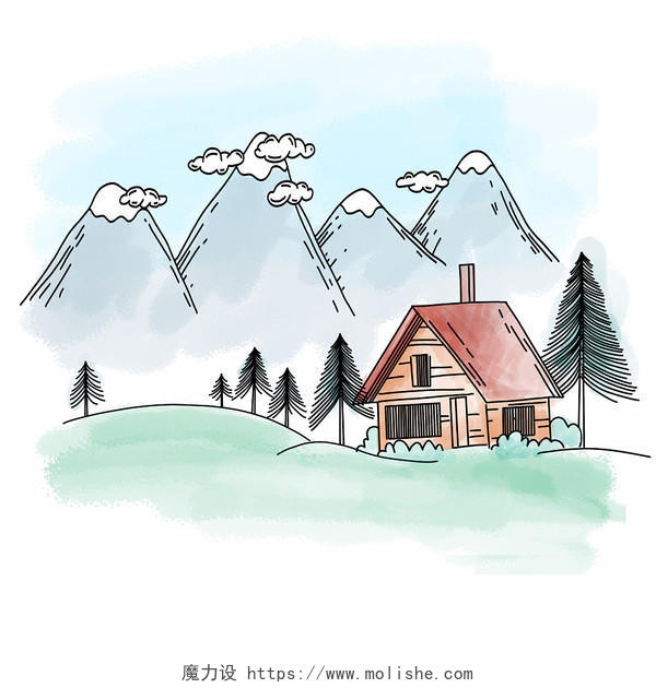 房子简笔画卡通水彩手绘山峰房子插画素材